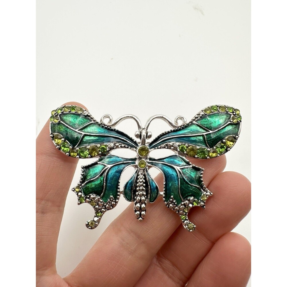 Monet Butterfly Brooch Pin Green Blue Rhinestones Enamel Silver Tone